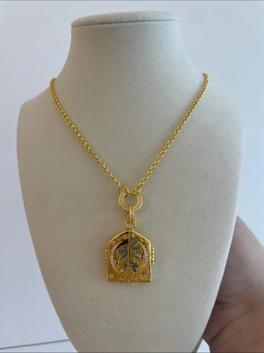 Anthropologie Gold Floral Locket Pendant Necklace Botanical Boho